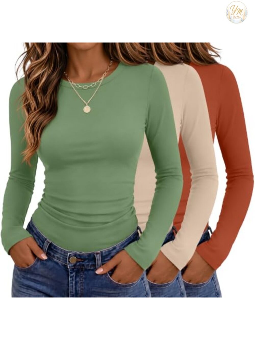 3 Pack Long Sleeve Slouchy Tees for Women Cotton Blend Crew Neck Pullover Going